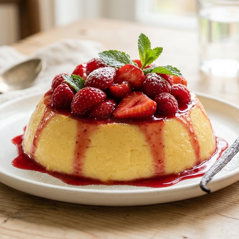 Custardpudding met aardbeien en frambozen