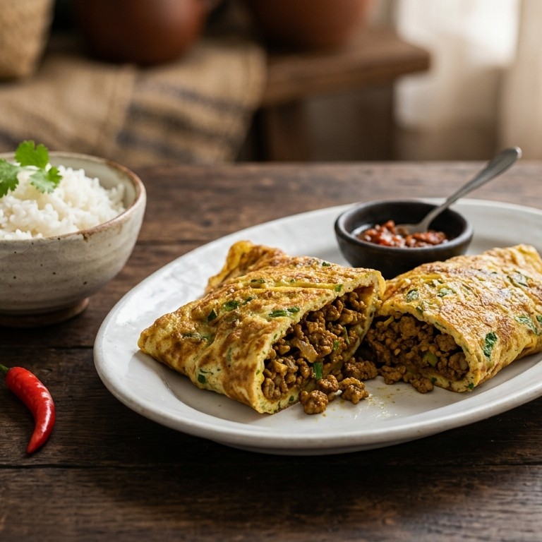 Dadar Kebertu Kari (omelet gevuld met kerriegehakt)