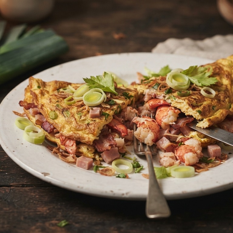 Dadar telor undang karang (omelet met kreeft, rookspek en ham)