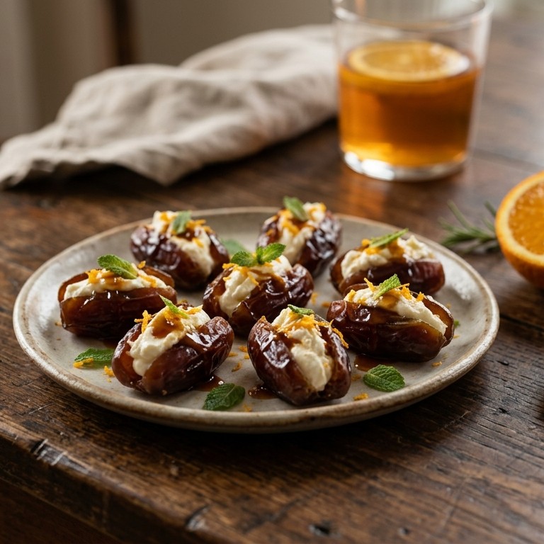 Dadels gevuld met roomkaas en sinaasappelsiroop