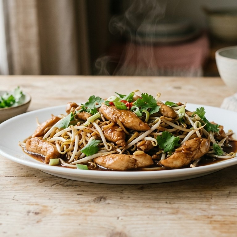 Daging ajam taugé (kipfilets met taugé en een zoet sausje)