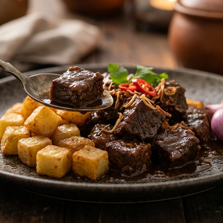 Daging dan kentang (gestoofde runderlappen met gebakken aardappelen)