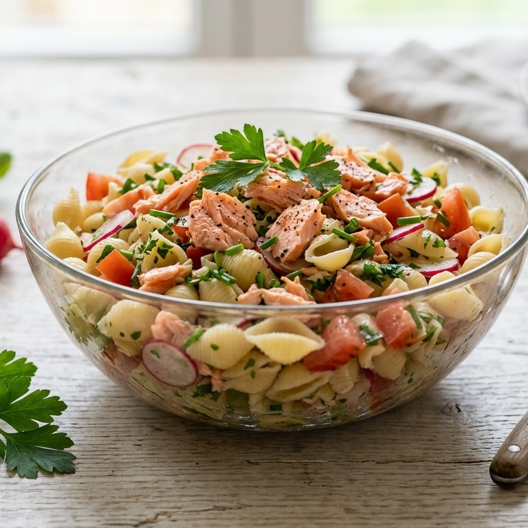 Deegwarensalade met zalm