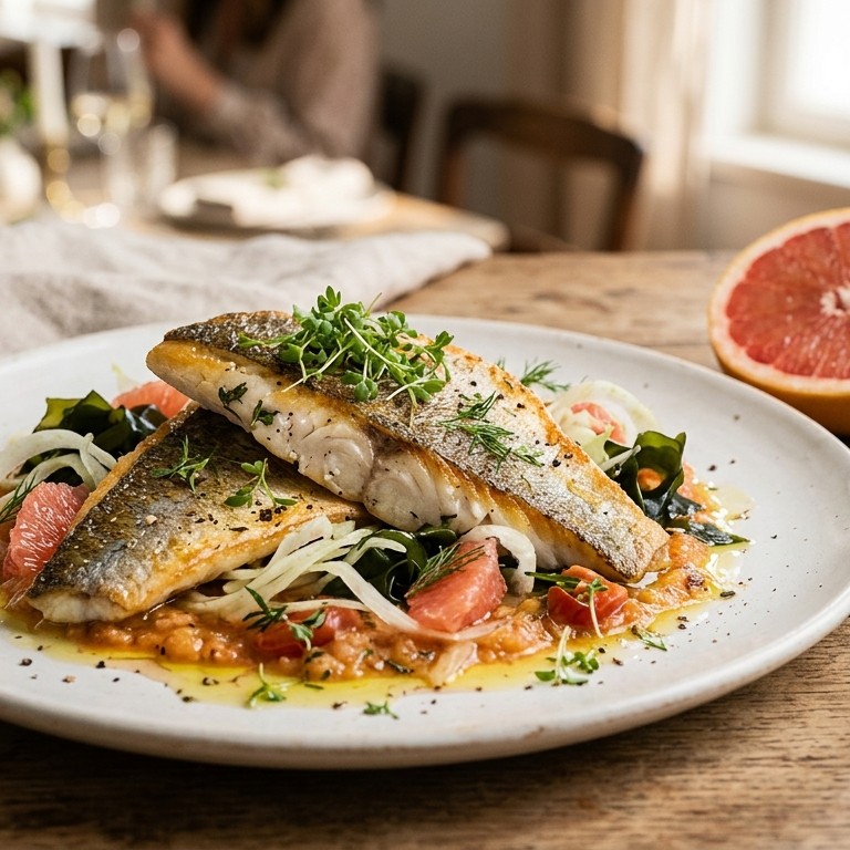 Dorade op de huid met tomaatfondue, wakame en venkel
