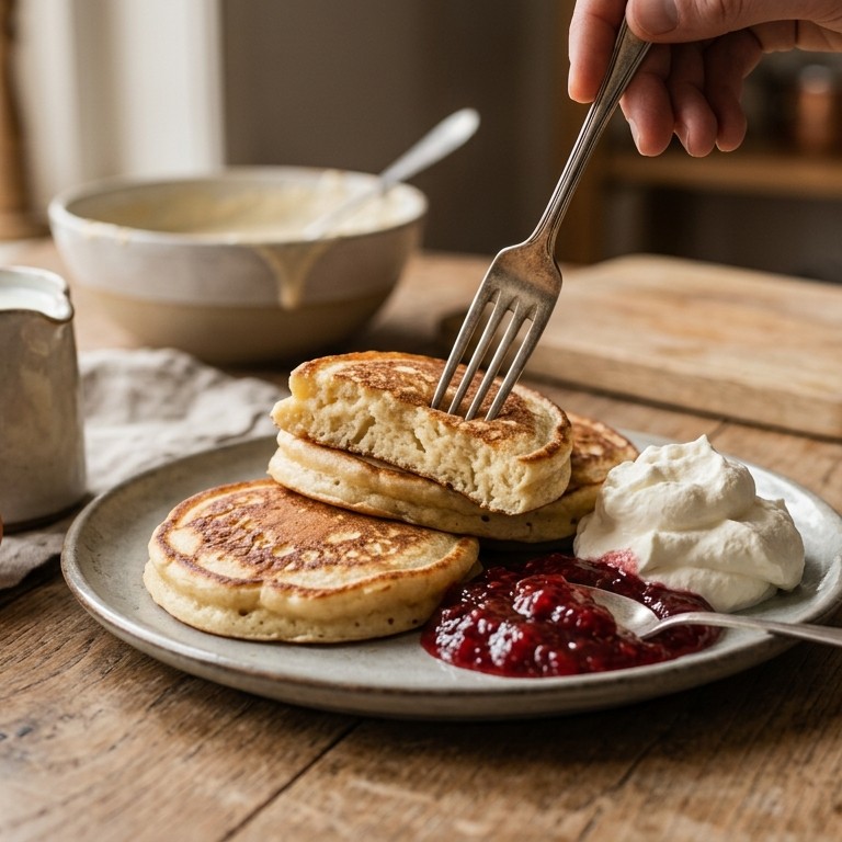 Drie in de pan met jam en slagroom