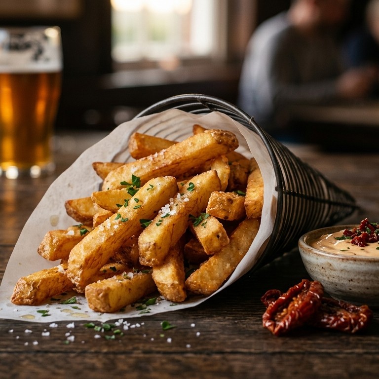 Dubbelgebakken echte frieten met dipsaus