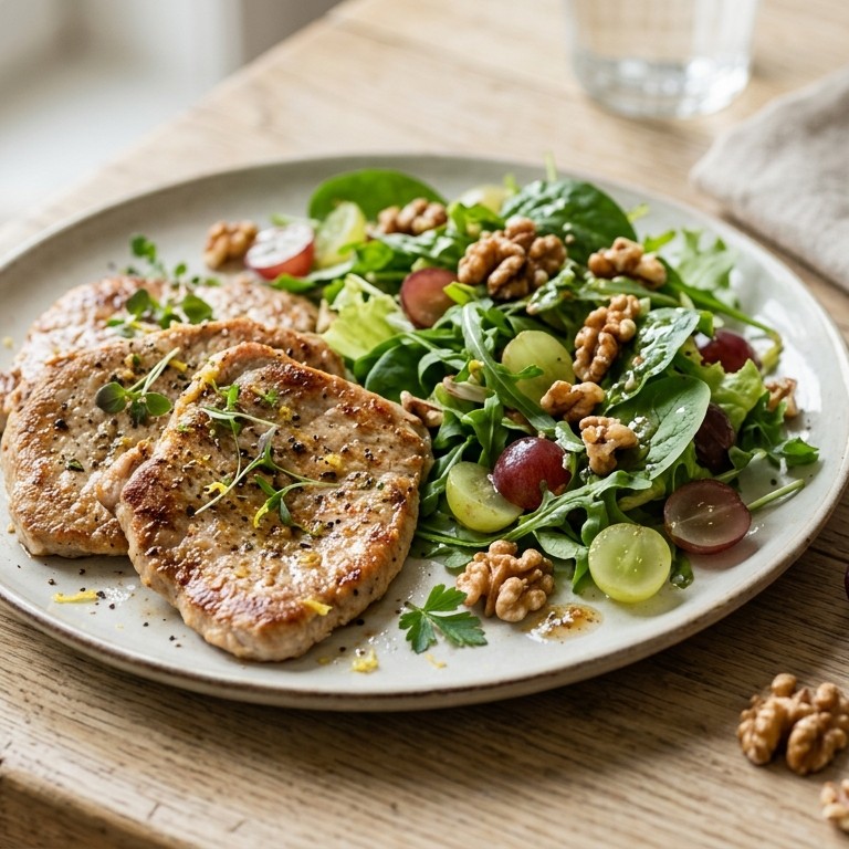 Dunne kalfslapjes met salade, walnoten en druiven
