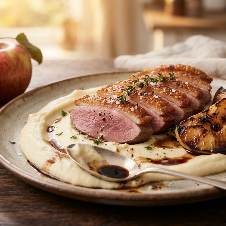Eendenborst op knolselderijpuree met appel