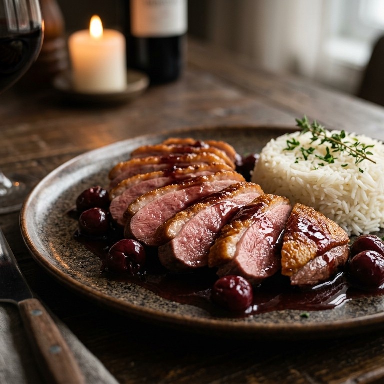 Eendenborstfilet met een saus van kersenlikeur en honing