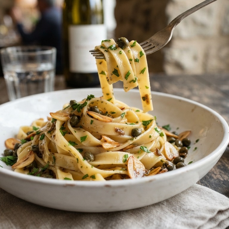 Eenvoudige tagliatelle met ansjovis en knoflook