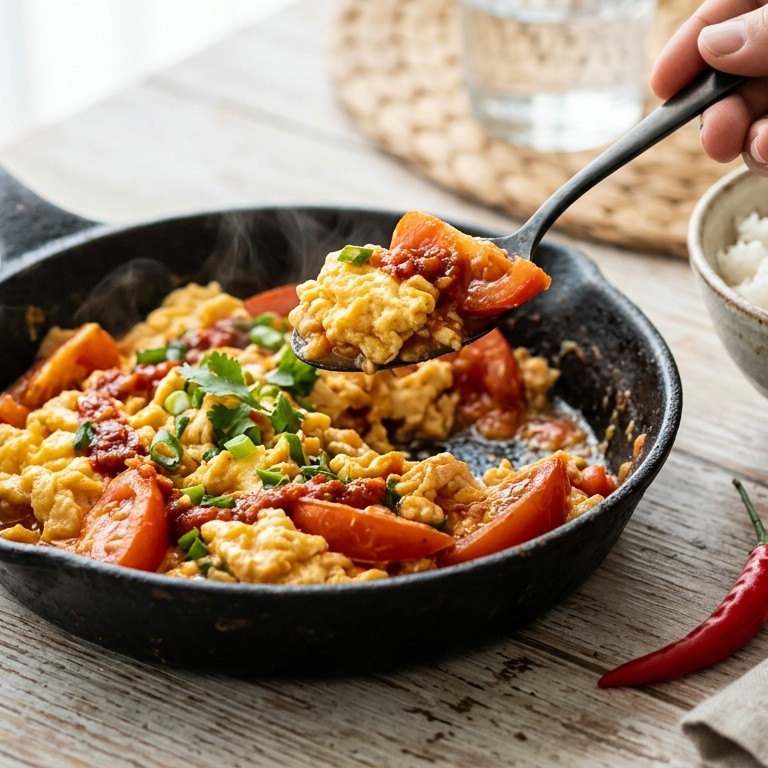 Ei roergebakken,met tomaat en sambal