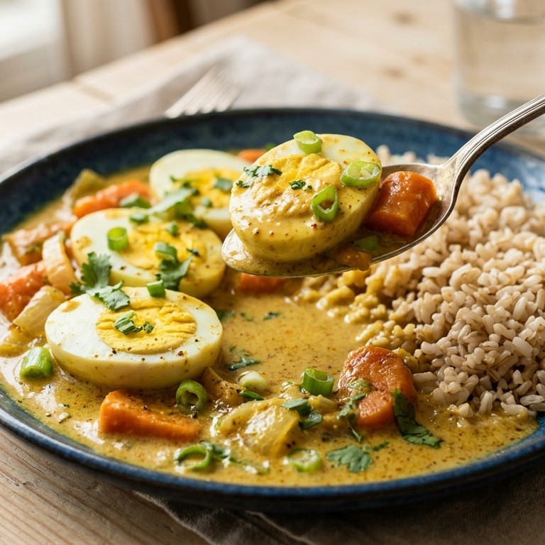 Eieren in kerriesaus met verse groenten