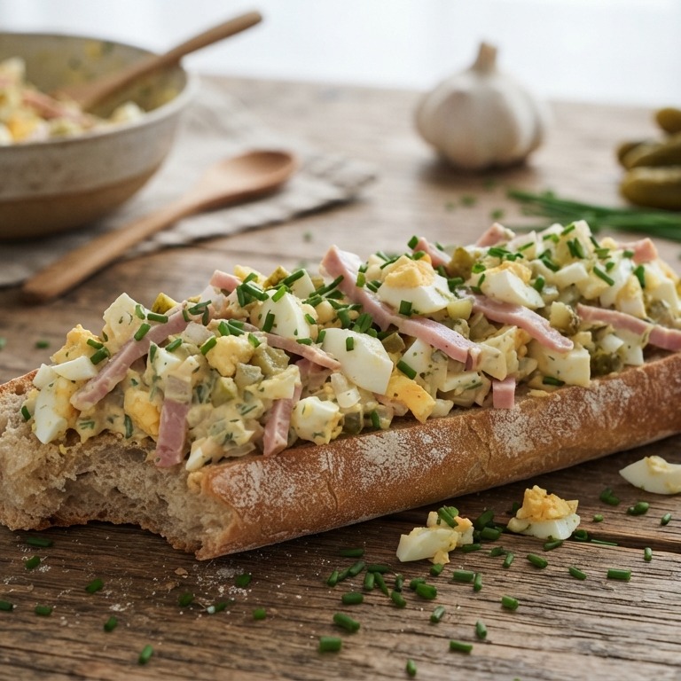 Eiersalade met ham, knoflook en mosterd