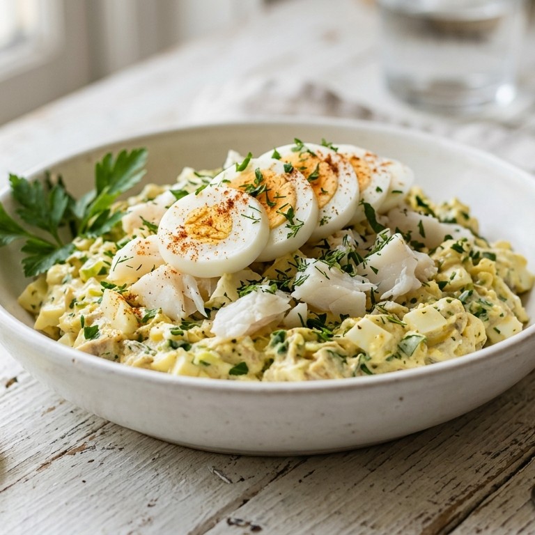 Eiersalade met kabeljauw en kruiden