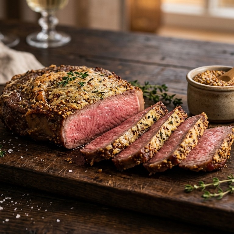 Entrecote met parmezaan-mosterdkorst