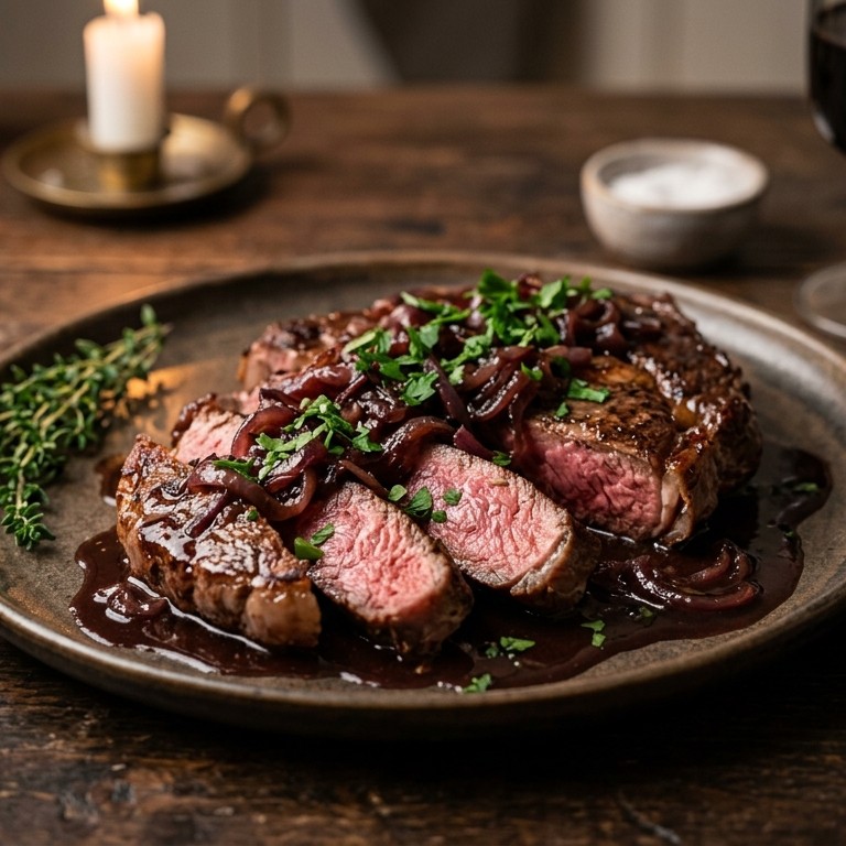 Entrecote met ui en peterselie in rode-wijnsaus