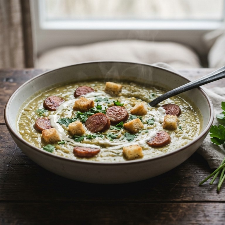 Erwtensoep met worst en croutons