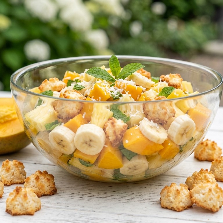 Exotische vruchtensalade met kokosrotsjes