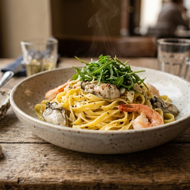 Fettuccine met oesters, garnalen en rucola