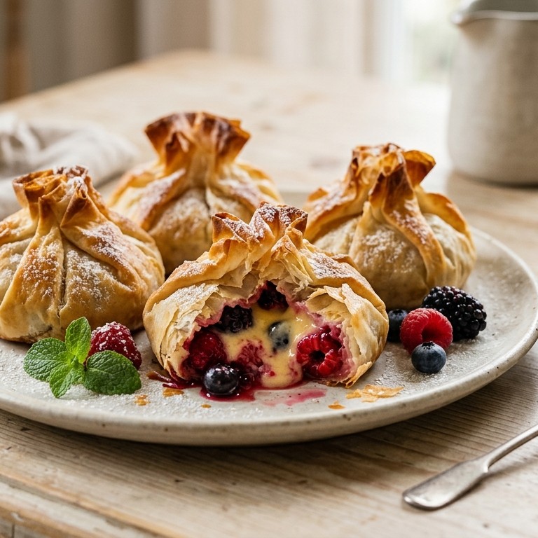 Filopakketjes met rood fruit en custard