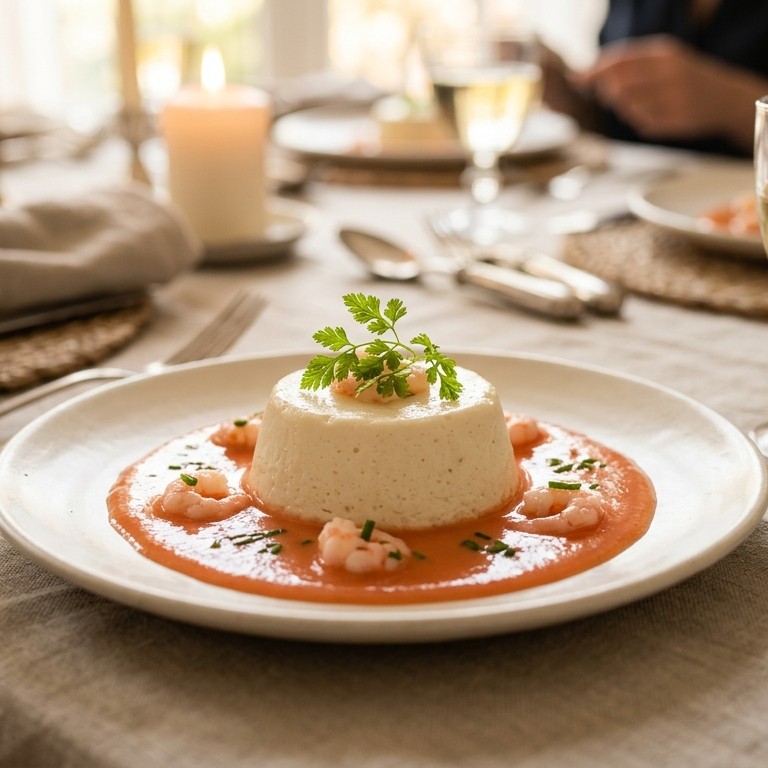 Flan van Sint Jacobsnootjes in een garnaalcoulis