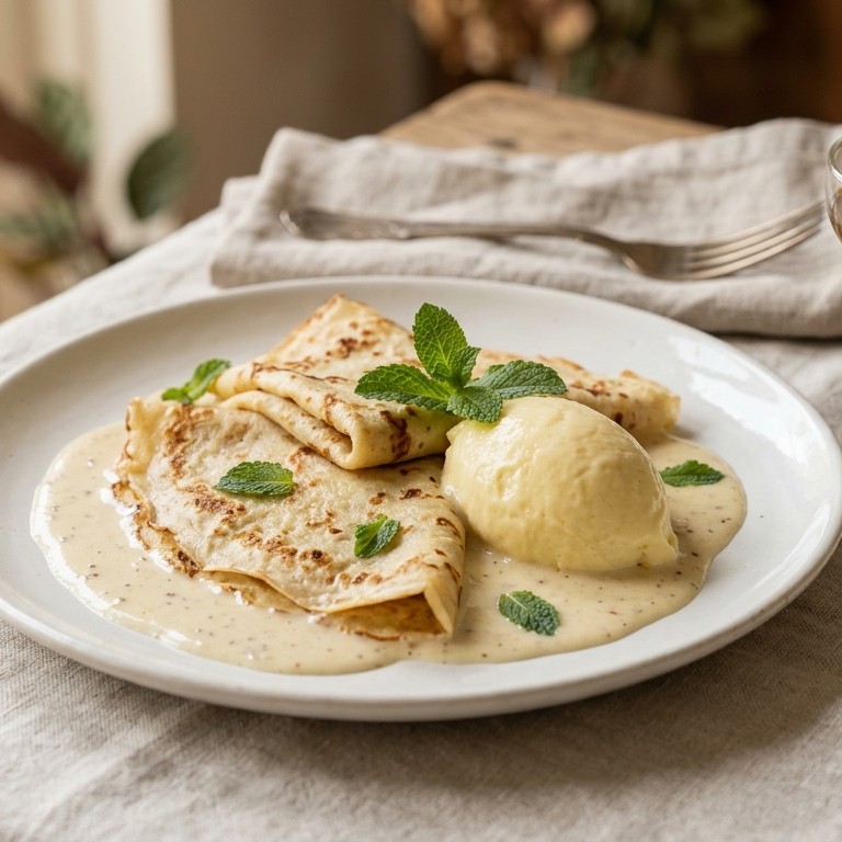 Flensjes met ananas bavaroisijs en pina colada saus