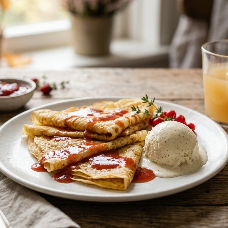 Flensjes met rozebottelsaus en ijs