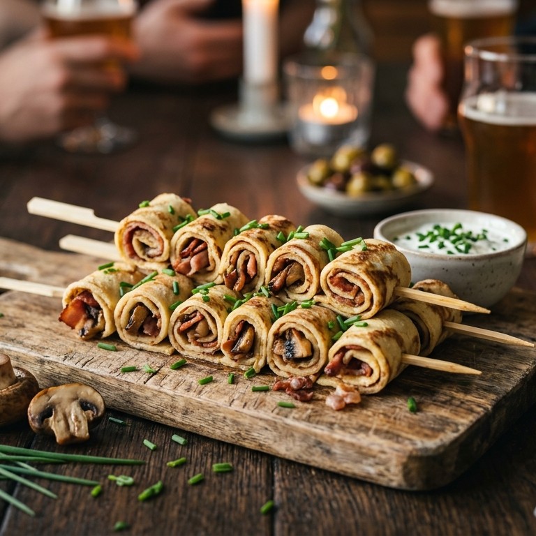 Flensjes spiesjes met spekjes en champignonnen