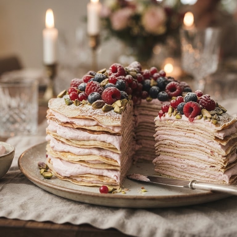 Flensjestaart met een mascarpone van frambozen en pistache