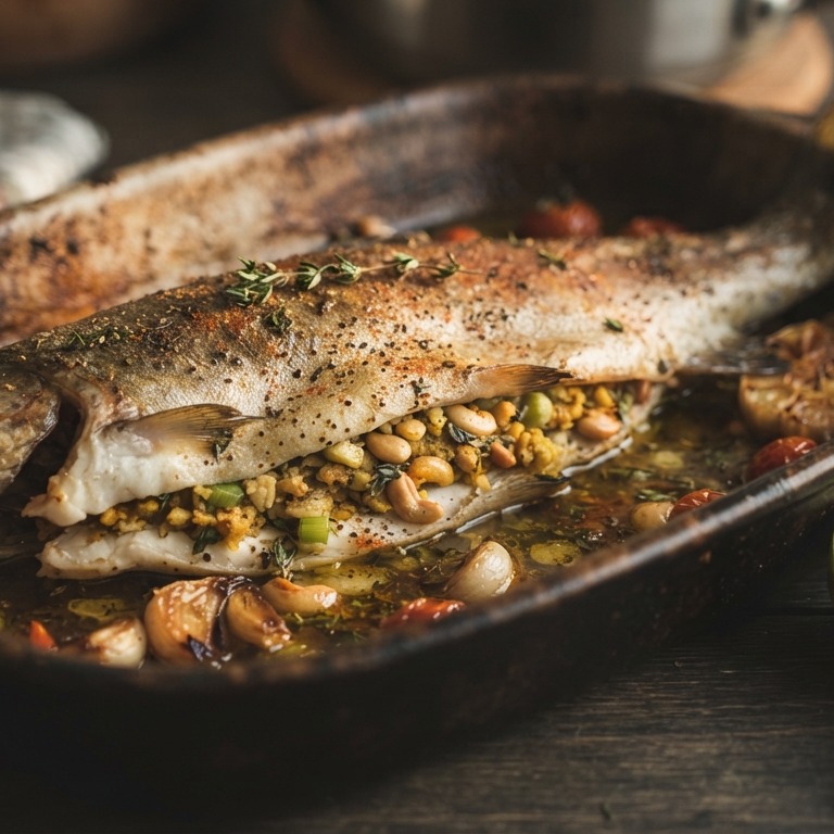 Forel met een vulling van pijnboompitten in de oven
