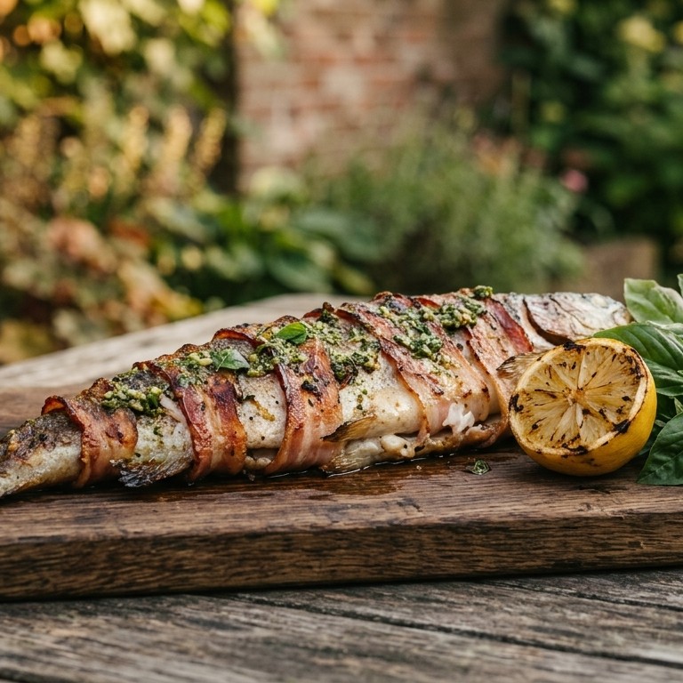 Forel met pestosaus en spek (BBQ)