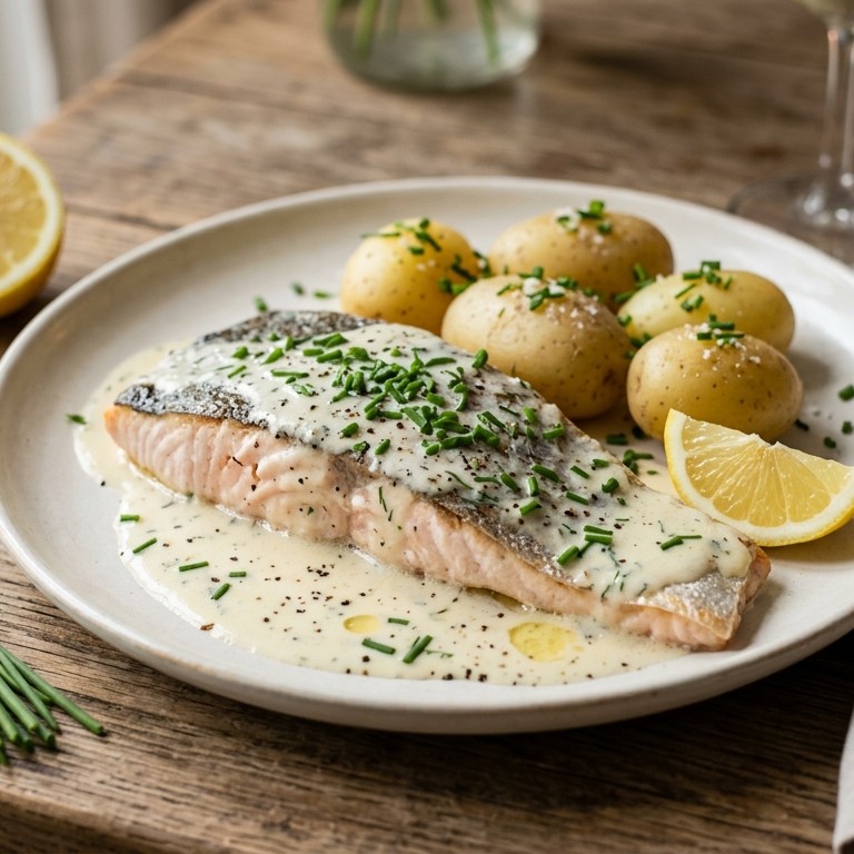 Forel met romige wijnsaus
