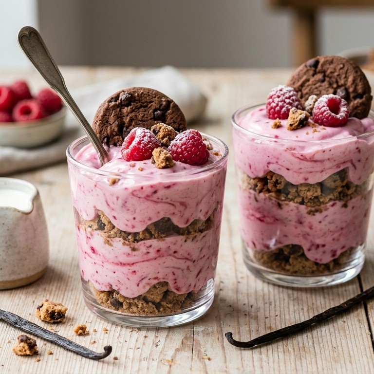 Frambozenyoghurtcrème met chocokoekjes