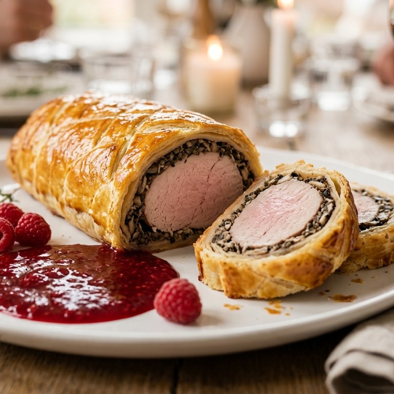 Fricandeau in bladerdeeg met frambozensaus