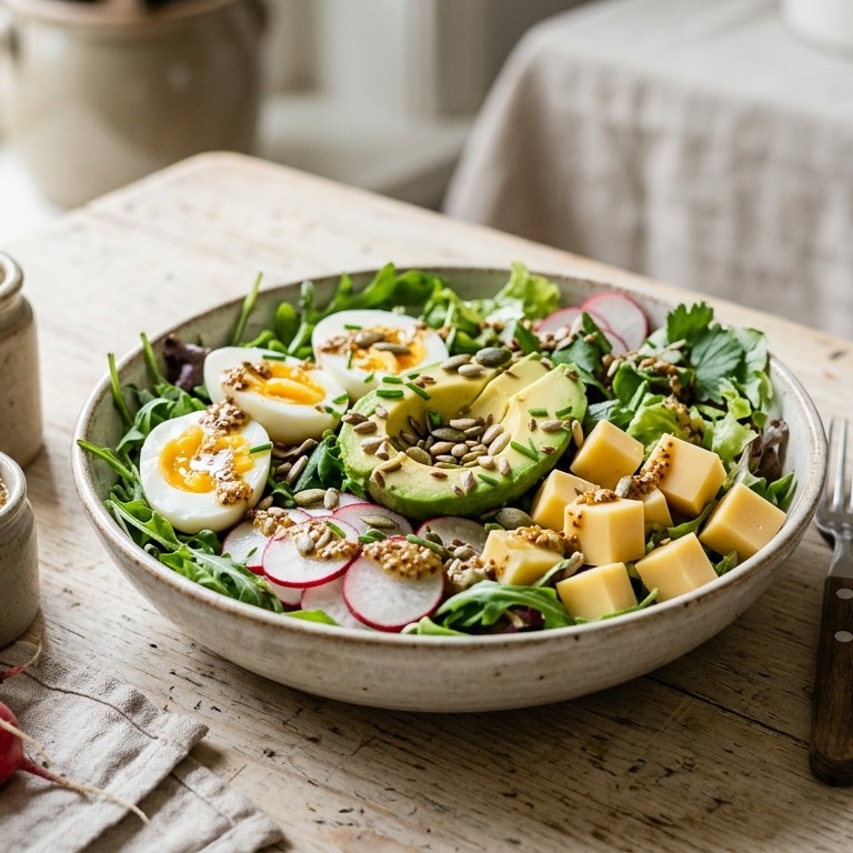 Frisse salade met avocado en mosterddressing