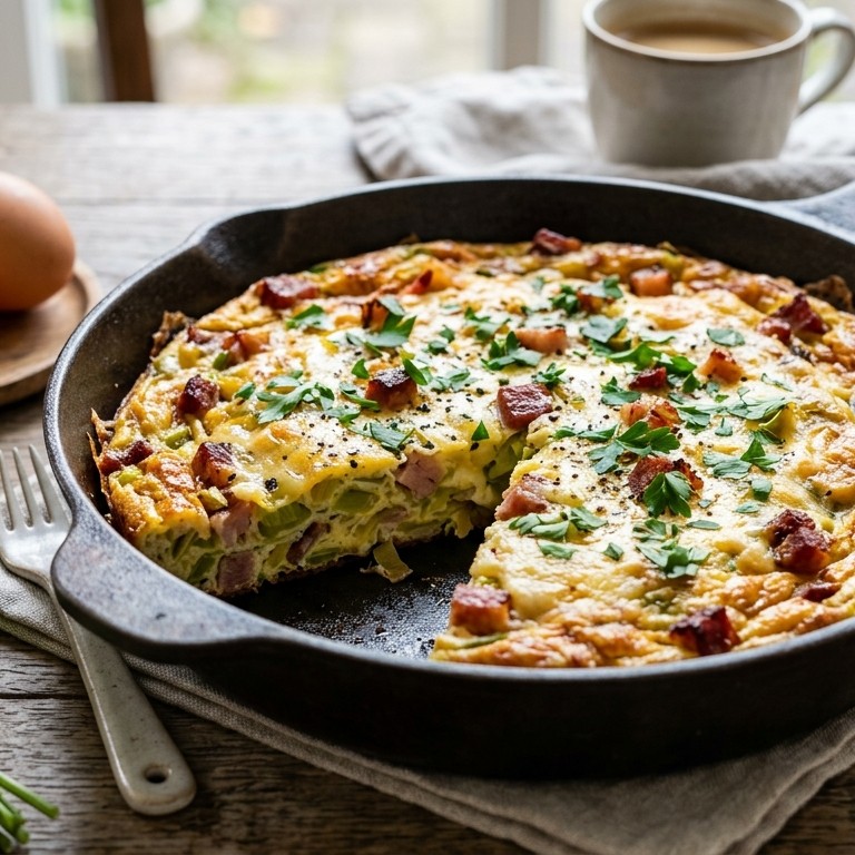 Fritata met prei, kaas en spek