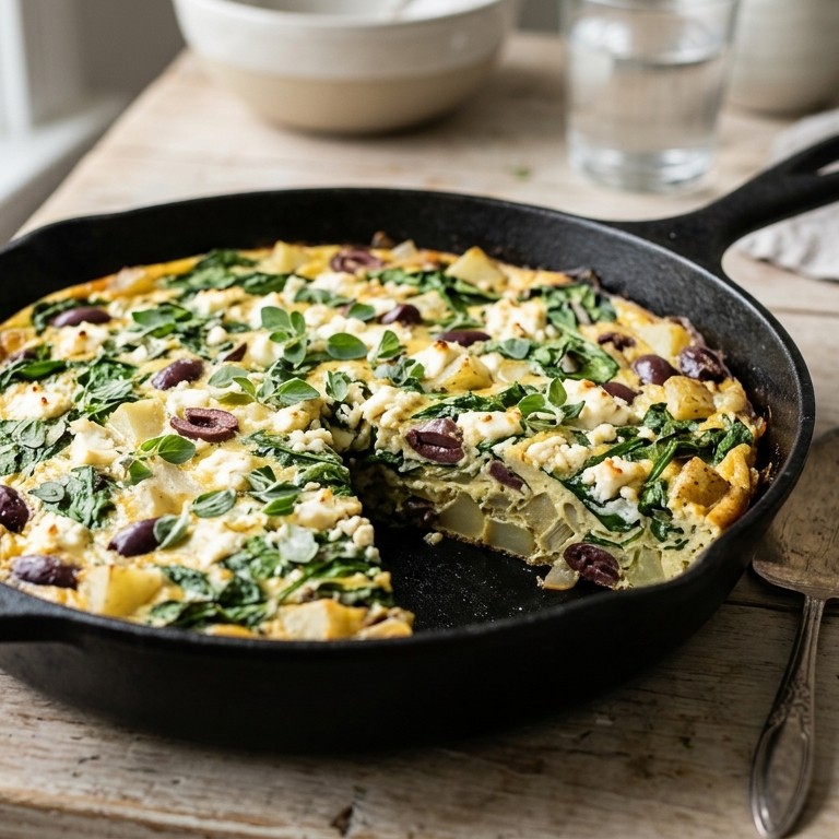 Frittata van spinazie, olijven en feta
