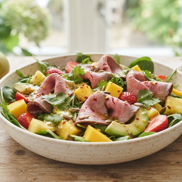 Fruitige rosbiefsalade met limoendressing
