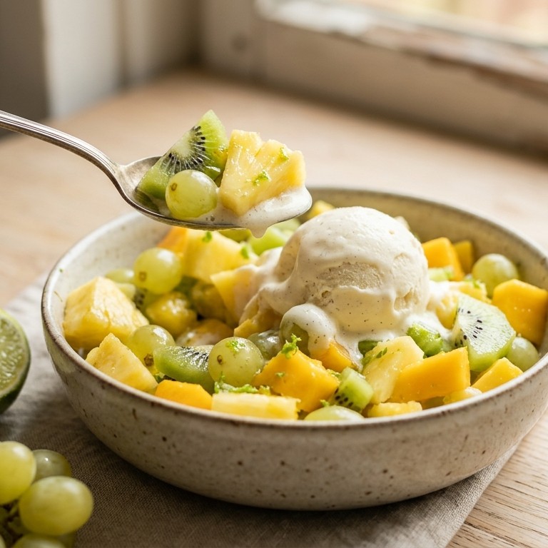 Fruitsalade met een bolletje vanilleijs