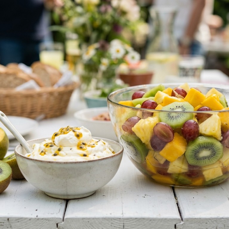 Fruitsalade met passievruchtenroom voor buffet