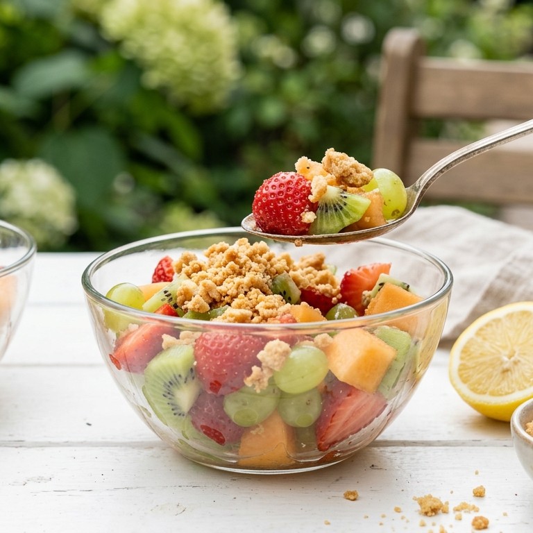 Fruitsalade met zandkoekbrokjes
