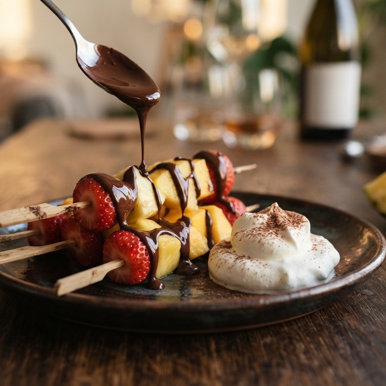 Fruitspiesjes met choco-rumsaus