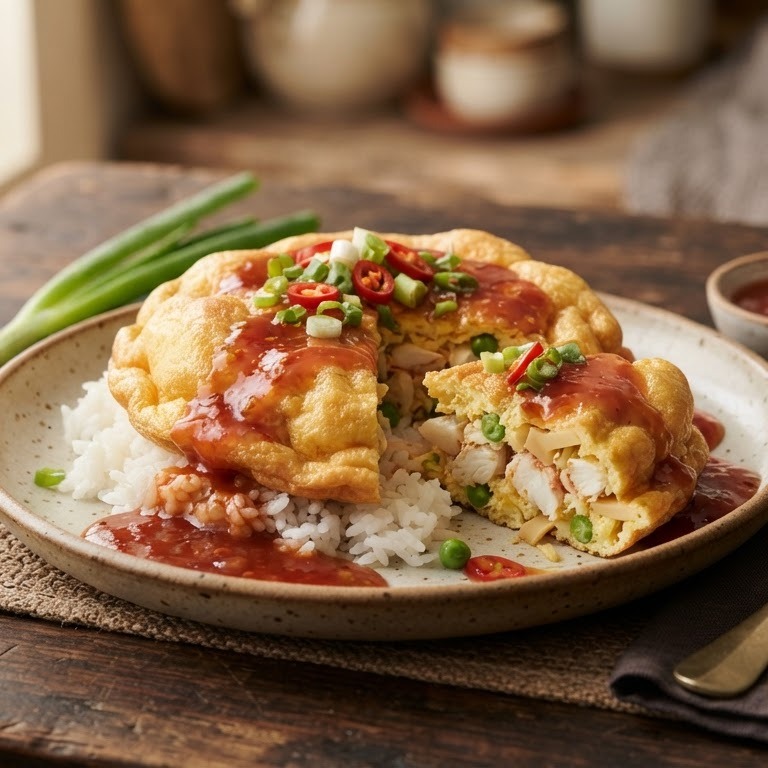 Fu yong hai kepiting  (omelet met krab en groente in zoete saus)