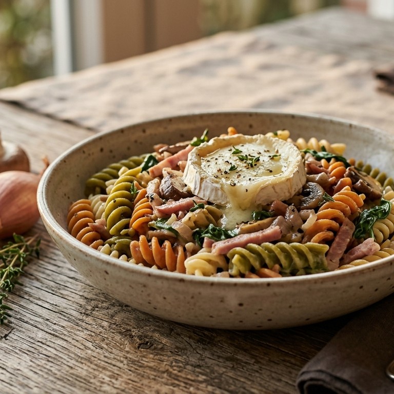 Fusilli tricolore met een herfstsausje en een zacht geitekaasje