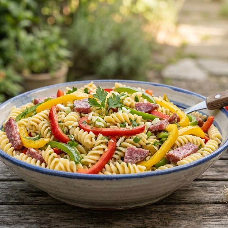 Fusillisalade met salami en paprika