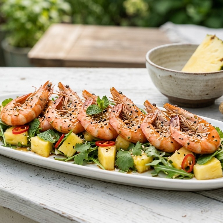 Gamba's, gebakken op ananassalade