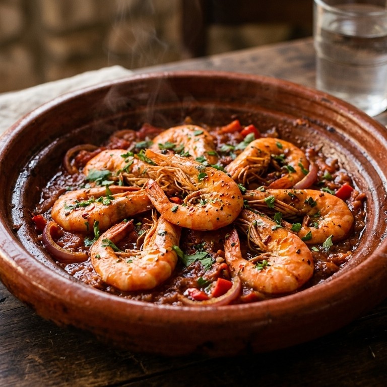 Gamba's uit tajin (Marokkaanse aardewerken pan)
