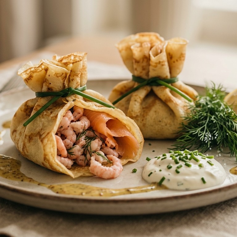 Garnaaltjes en zalm, gevangen in een flensje met mosterd-dille dressing en bieslook crème-fraîche