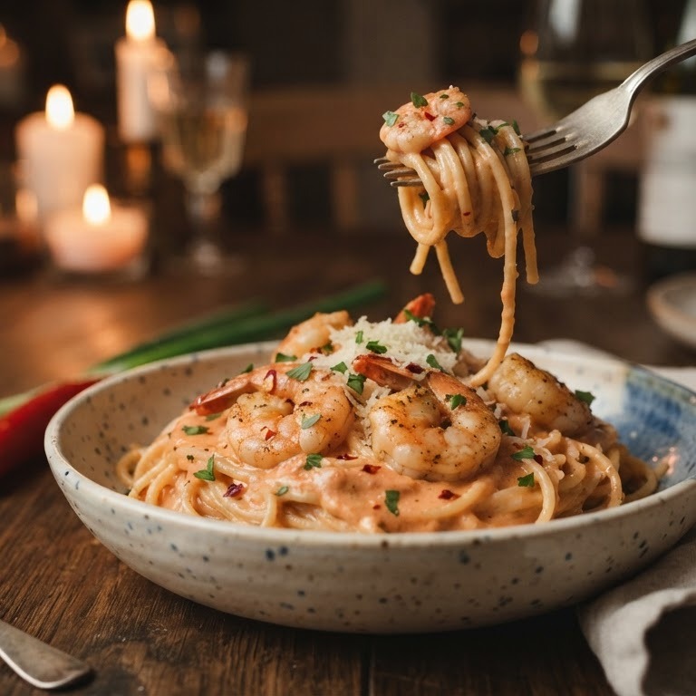 Garnalen in kreeftenroomsaus met pasta