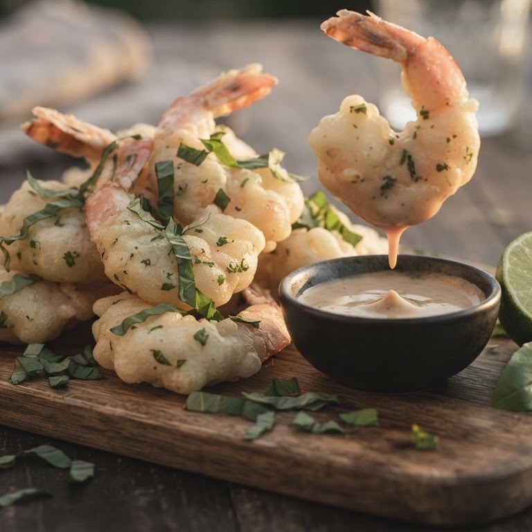 Garnalen in tempura-kruidenbeslag en mayo-sojasausje